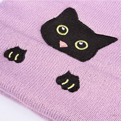 Personality Animal Head Embroidery Knit Beanie Hat for Adult and Big Kids Winter Warm Skull Cuffed Hats - color: Cat-purple