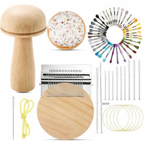 Jexine Mini Darning Mushroom for Socks 21 Hooks Small Speedweve Style Weaving Darning Loom with 9 Pcs Large Eye Needles 50 Colors Thread for Handcraft DIY Weaving Repair Tool - color: Silver, size: 21 Hooks, style: Mushroom