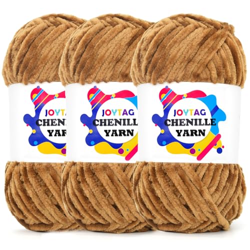 Velvet Chenille Yarn for Crocheting & Knitting - Khaki, Soft, Thick, Bulky, Chunky - 3 x 100g - color: Khaki, size: 3 Pack