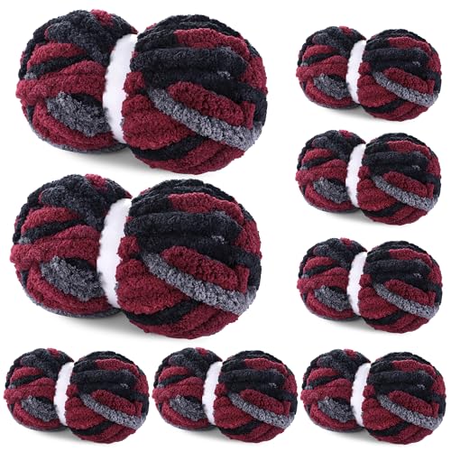 Maboozoo Tie Dye Chunky Yarn for Crocheting & Knitting - 8 Pack, Wine Red & Grey Fluffy Jumbo Chenille Yarn (26 yds, 7.5 oz Each Skein) - color: Wine Red,Grey