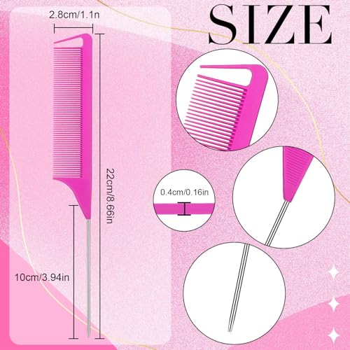 Patelai 30 Pcs Rat Tail Steel Combs Fine Tooth Bulk,Rose Red | Long Steel Pin Pintail Bulk for Salon Hair Stylists ,Hair Teasing Fine Tooth Comb for Women,Teasing Detangling Tools - color: Rose Red
