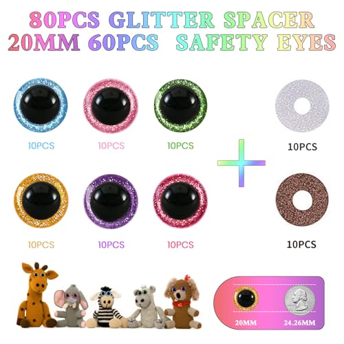 MUCUNNIA 120pcs 20mm Safety Eyes for Amigurumi Glitter Plastic Safety Eyes for Crochet with Washers Craft Crochet Eyes Doll Eyes for Crochet Animals Plush Stuffed Animals DIY Halloween Decorations - size: 20mm