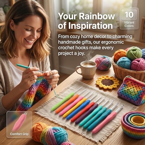 9 Pcs Ergonomic Crochet Hook Set, Soft Comfort Grip Handles, Smooth Knitting Needles for Beginner & Experienced Crocheters, Easy DIY Craft Tools