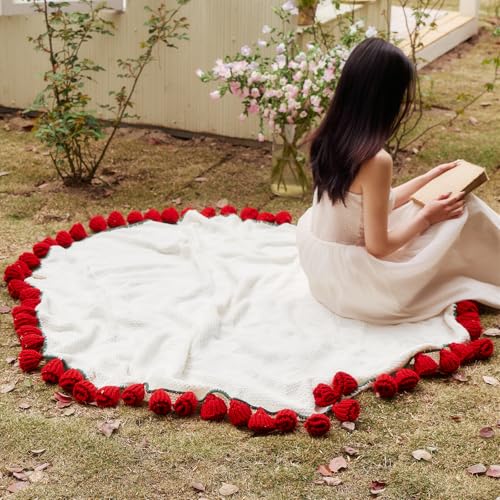 vctops Flower Bouquet Knitted Throw Blanket, Cute Roses Bouquets Handmade Crochet Round Blankets, Red Roses Soft Small Throws Gifts for Girls, Women, Wife (Red,Diameter 43") - color: Red, size: Kids,Diameter 43"