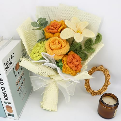 Marvogo Handmade Crochet Flower Bouquet,Crochet Flowers for Loved Ones | Crochet Flower,Crochet Rose, Bell Orchid, Tulip, Finished Artificial Flower Ideal for Lovers, Family and Friends Yellow&Green - color: Yellow&green