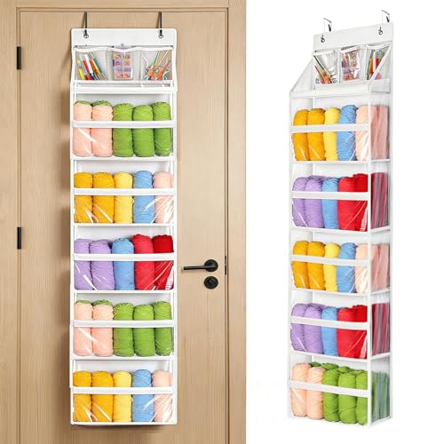 Hanging Yarn Storage Organizer - 6 Tiers Over the Door Yarn Crochet Organizer Shelves with 3 Top Knitting Needle Pockets, Large Capacity Clear Yarn ball Holder for Knitting Supplies