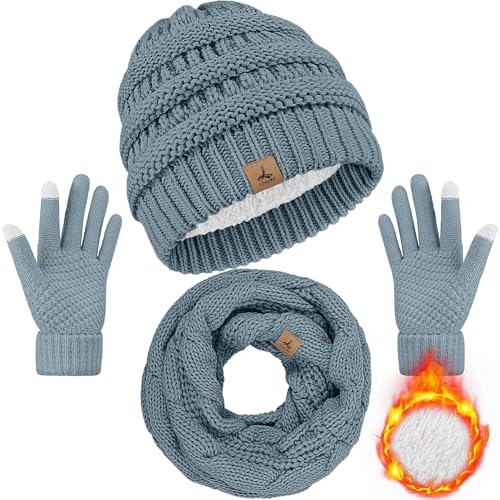 LOROME Winter Beanie Hat Scarf Gloves, Warm Fleece Knit Neck Scarf Set Gift | Hats Gloves Scarf Set, Touchscreen Gloves, Universal Size Neck Scarf Set Winter Gifts for Unisex Adult Winter Wear - color: Light Blue