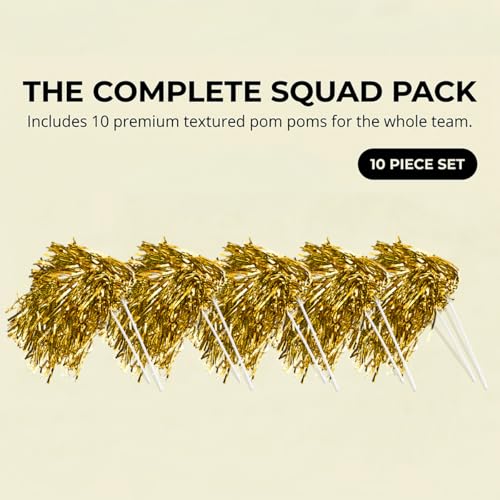 Anderson's Metallic Gold Foil Textured Cheerleader Pom Poms- Pack of 10 | Anderson's Metallic Pom Pom School Spirit Shakers, Football, Basketball, Homecoming, Team Party, Dance Performance - color: Gold