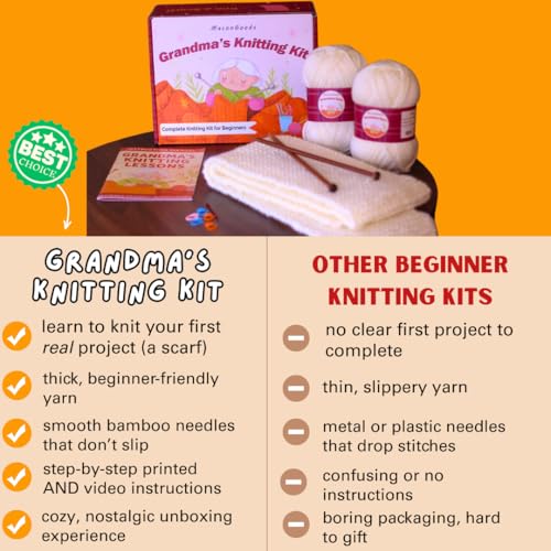 MaconGoods Grandma's Knitting Kit - Complete Knitting Kit for Beginners - Includes Beginner Yarn, Bamboo Needles, Video Tutorial, and Written Guide & More - Easy Learn to Knit Kit - style: Standard