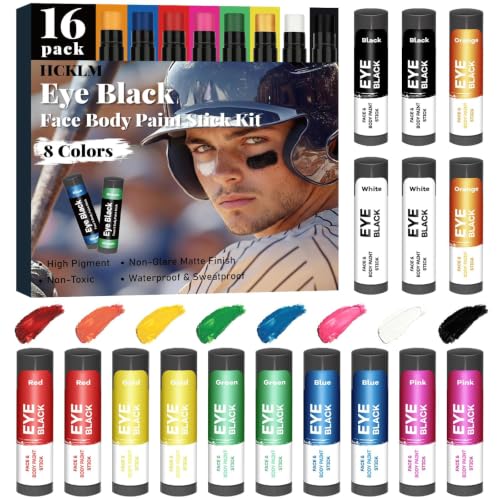 16 Packs Eye Black Baseball,Anti-glare Waterproof Eyeblack Sticks | Black Eye Stick for Football Softball Lacrosse Accessories Gifts,Baseball Face and Body Painting Sticks,8 Colors - size: 8 Colors - 16 Pack