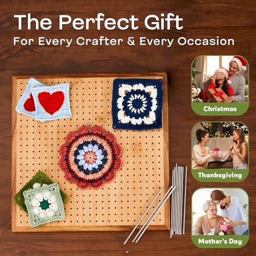 [Oakwooma] Crochet Blocking Board Combo Set, 11.8" Bamboo Board with 20 Pins & 4-Pack 4.7" Assembleable Blocking Boards with 25 Pins, 45 Steel Pegs Total for Granny Square Knitting and Crocheting
