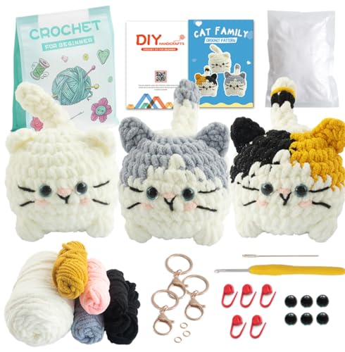 Linhao Jew Crochet Kit for Beginners – Cat Crochet Kit Keychain with Pre-Started Easy Yarn, Step-by-Step Video Tutorials for Adults DIY Crafts (Kitten) - color: kitten