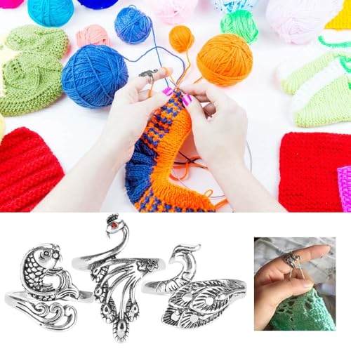 Anu Limen 3 Pcs Adjustable Knitting Loop Rings, Metal Yarn Guide for Crochet and Knitting, Silver Open Thimble Holders, 2.1 cm