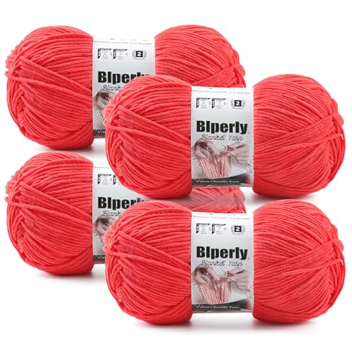 Skinny Chenille Yarn for Crocheting, #2 Red Soft Baby Blanket Fluffy Yarn | 4 Pack of 314 Yds, 3.5 Oz Sport Fingering Weight Fine Yarn, Plush Thin Velvet Yarn for knitting Blankets, Amigurumi Yarns - color: Red