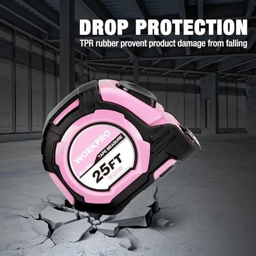 WORKPRO Pink Auto-Lock Tape Measure, 25FT 1/8 Fractions Measuring Tape | Double Retract Measurement Tape Accuracy 1/32 for Engineer,with Magnetic Hook, Rubber Protective Casing - Pink Ribbon - color: Pink, size: 25FT