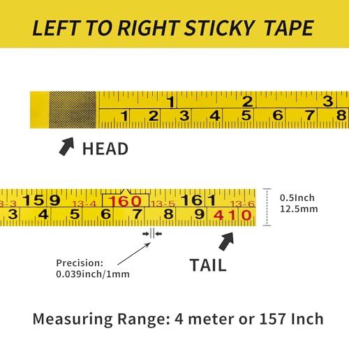 2Pcs Steel Self-Adhesive Measuring Tape, Imperial & Metric Tape Ruler | Left To Right and Right To Left Stick On Tape Measure Sticker Ruler for Workbench, Woodworking, Saw & Drafting, 410cm/161Inch - size: 4m