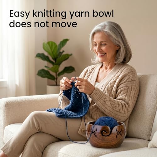 Rosewood Yarn Bowl with 13 Crochet Hooks Set – Handmade Wooden Knitting Bowl Holder with Spiral Slot, Large 7” Yarn Organizer, Complete Crochet Kit for Beginners & Professionals - color: Setof13+CarvedBowl