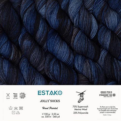 Estako Jolly Socks Hand Painted Superwash Merino Wool Yarn, Blue Horizon | sock weight, fingering weight, variegated, 3.52 oz, 360 yds, 2.5-3 mm needles, 29 sts gauge, machine washable - color: 7272 - Blue Horizon