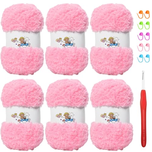 6 PCS Soft Coral Velvet Chenille Yarn for Crocheting,Fluffy Yarn for Knitting and Crochet DIY Craft,Warm Crochet for Bag Hat Scarve Gloves Slippers Dolls(Pink) - color: pink