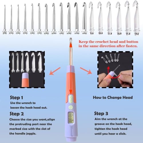 Yarniss 18 Size Digital Counting & Lighted Crochet Hooks Set 2.0mm-14.0mm | Interchangeable Crochet Hooks Set with Case - color: Lilac-18 Size with Light & Counter