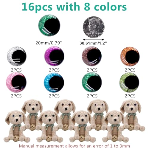 16pcs 20mm Safety Eyes for Crocheting, Sparkling Safety Eyes for Stuffed Animals, Glitter Crochet Eyes for Animals DIY Doll Making Crafts - color: Colorful B, size: 20mm