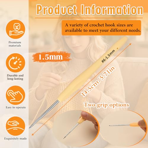 SHWAKK Lace Crochet Hook, 1.5 mm Small Ergonomic Crochet Hook | Tiny Crochet Needles for Arthritic Hands, Knitting Needles with Soft Handle Beginners and Experienced Hobbyists (1.5mm) - size: 1.5mm
