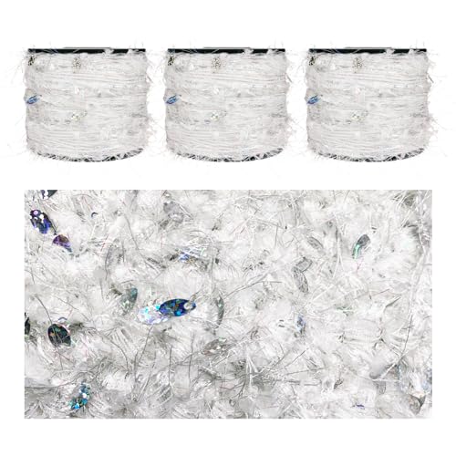 Artisanal Yarn Collection Multifiber Fancy Yarn with Iridescent Shimmering Threads & Laser Sequins for Knitting Crocheting Crafts DIY, Set of 3 Rolls (Iridescent White) - color: Iridescent White