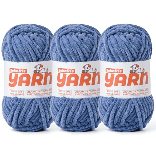 Soft Chunky Chenille Yarn for Crocheting-(300g/10.58oz) Bulky Knitting Crochet Yarn for Blankets-(150m/164yds) Fluffy Velvet Baby Yarn for Amigurumi&Crafts.(3 Denim Blue) - color: 3 Denim Blue