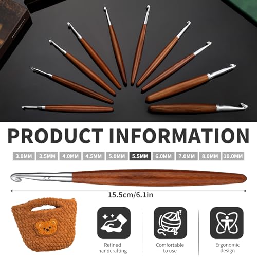 Lunarm Crochet Hook 5.5mm Ergonomic Crochet Aluminum Hook Wood Handle | Available in 3mm-10mm for Arthritic Hands DIY Craft Knitting Bouquets, Blankets, Hats, Gloves from Various Yarns - size: 5.5mm
