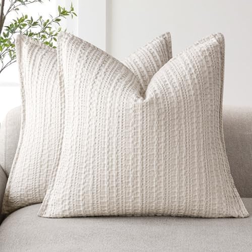 Foindtower Set of 2 Decorative Cotton Waffle Weave Throw Pillow Covers Euro Shams Cushion Covers Accent European Pillowcase for Bed Couch Sofa Bedroom Living Room Home Decor 22×22 Inch Oatmeal - color: Oatmeal, size: 22" x 22" (Pack of 2)