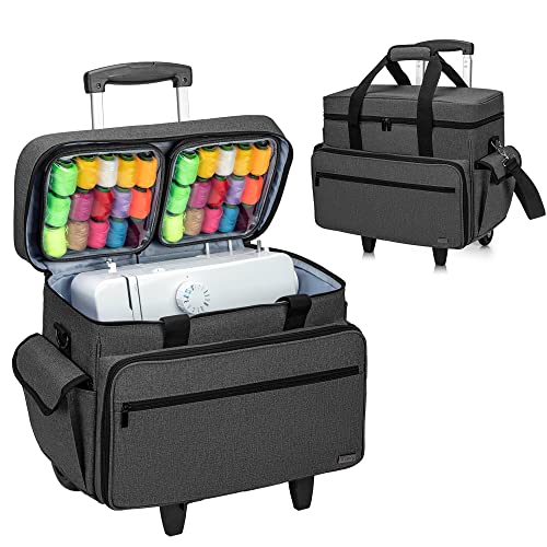 Teamoy Sewing Machine Case with Adjustable Wheels, Rolling Sewing Machine Tote with Wheels and Bottom Wooden Pad, Compatible with Singer, Brother and Most Majority Machines and Accessories, Black | Compatible with Singer, Brother and Most Majority Machine