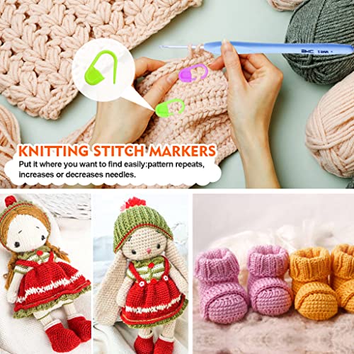 6Pcs Knitting Loop Crochet Loop Knitting Accessories, Metal Thread Guide Finger Holder Knitting Thimbles,Adjustable Braided Open Finger Ring,104Pcs Knitting Stitch Markers and 1 Crochet Hook