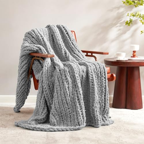 Chenille Chunky Knit Throw Blanket for Couch 50"x60", Light Grey | Handmade Chenille Crochet Throw for Sofa Bed, Thick Cable Knitted Blankets for Room Home Decor, Birthday Gift for Women - color: Light Grey, size: 50"x60"