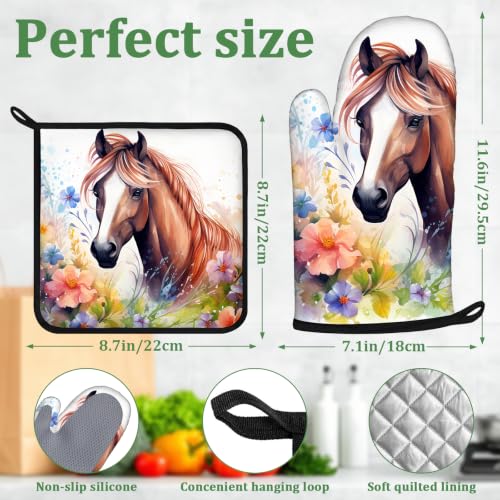 Watercolor Horse Flowers Oven Mitts and Pot Holders Sets 4 Pcs Silicone Colorful Kitchen Gloves Heat Resistant Potholders for Baking Grilling BBQ - color: Colorful Flower Horse