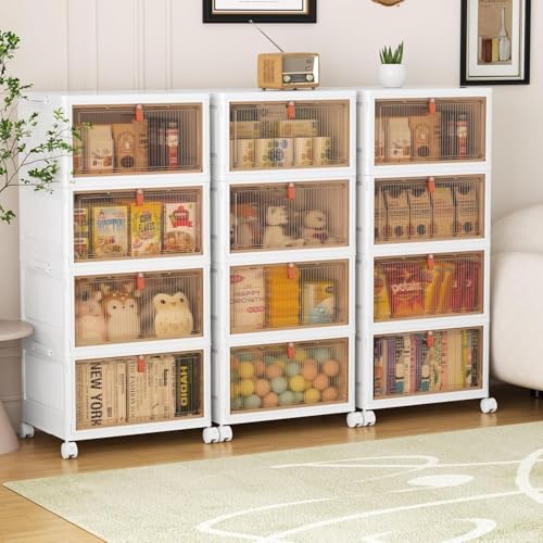 YFXCVSL 4 Tier Plastic Storage Bins with Lid 32QT, Stackable Storage Bins | Plastic Storage Bins with Wheels, Folding Storage Boxes, Organizers and Storage for Living Room,Office,Dorm - size: 4-Tier 32QT