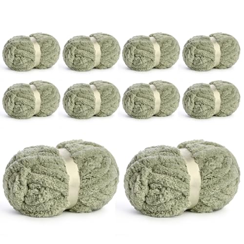 Chunky Jumbo Chenille Yarn #10 Sage Green 10 Pack | 200g/22yds Super Bulky Baby Soft Yarn for Hand Knitting Fluffy Chunky Knit Throw Blanket Yarn - color: Sage Green