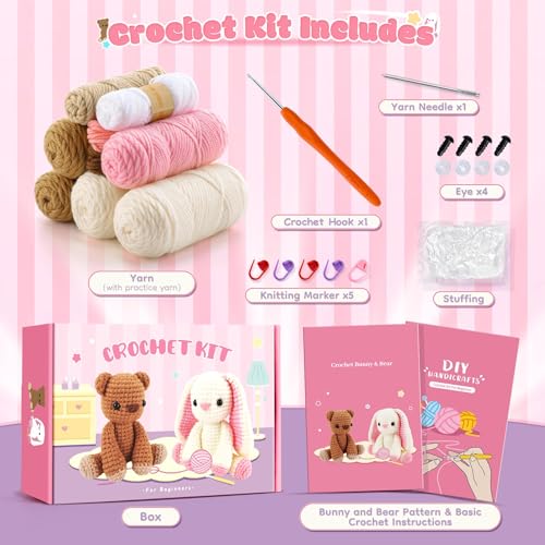 Bunny and Bear Crochet Kit for Beginners 2PCS Crochet Starter Kit for Adult | Beginner Crochet Kit with Step-by-Step Video Tutorials, Bunny Crocheting Kit, Animal Knitting Kit for Birthday - color: Pink Rabbit Brown Bear