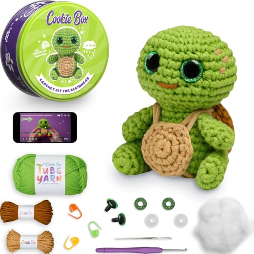 Cookie Box Crochet Kit for Beginners, Turtle Hugo | All Materials Included, Step-by-Step Video Tutorials, PDF Patterns, Easy DIY Craft, Amigurumi and Knitting Gift Set - color: Green