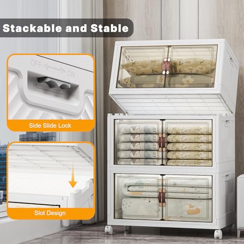 UAMFURI Stackable Storage Bins, 525QT Collapsible Drawers with 1 Lid | Large Capacity, Magnetic Door, Stack Lock, Rolling Wheels, Foldable Design, Organizers and Storage for Bedroom Dorm Garage - color: White-175QT, size: 3Pack with 1 top lid