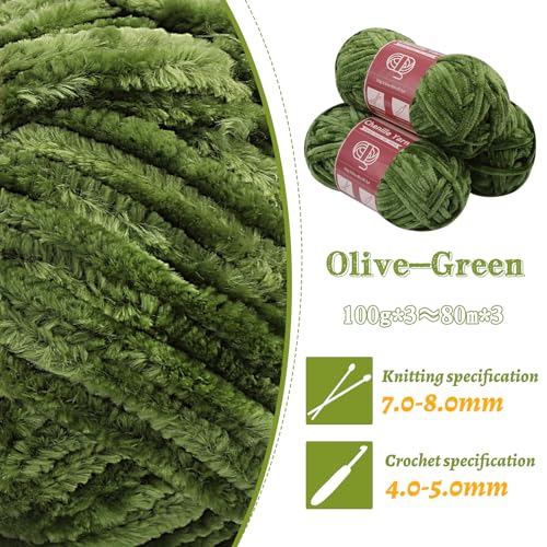 LUNARM Chenille Yarn 3 Pack 3.5oz Chunky Blanket Velvet Yarn 263 Yard | Olive-Green Chunky Chenille Yarn for Beginners Crocheting Hand Knitting Scarves with Big Eye Needles Machine Washable - color: Olive-Green