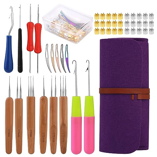 QMNNMA Dreadlock Crochet Hook, 48 Pcs Loc Crochet Needle for Hair | 6 Dreadlock Crochet Needle, Crochet Hooks for Hair, Different Size Bent Latch Hook with Purple Case and Dreadlocks Tool - color: purple