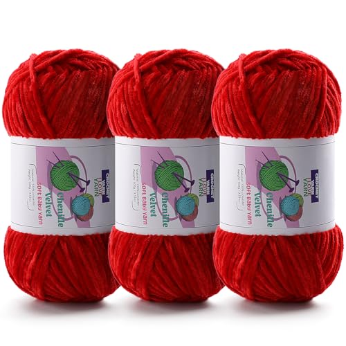 3 Skeins Soft Fluffy Velvet Yarn, Chenille Chunky Yarn for Hand Knitting and Crocheting DIY Craft, Amigurumi Crochet Yarn（3×196.8yds, 3×3.5oz） (Big Red) - color: Big Red