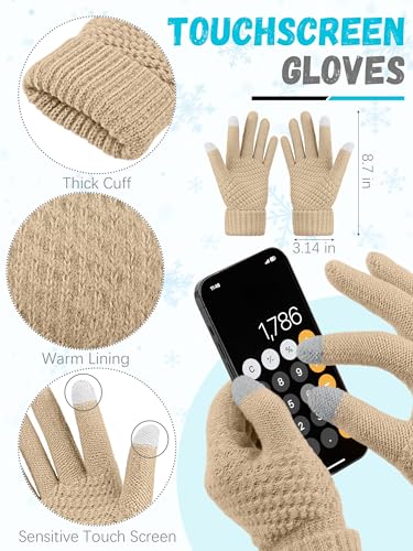 LOROME Winter Beanie Hat Scarf Gloves, Warm Fleece Knit Neck Scarf Set Gift | Hats Gloves Scarf Set, Touchscreen Gloves, Universal Size Neck Scarf Set Winter Gifts for Unisex Adult Winter Wear - color: Light Khaki