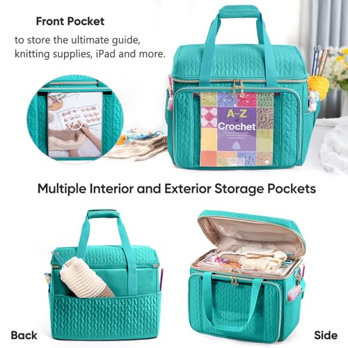 MYBAGZING Large Yarn Storage Bag,Crochet Bag Organizer,Yarn Bags for Crocheting,Crochet Storage Bag with Pockets for Crochet Hooks, Crochet Accessories,Knitting Bags,Gifts for Crocheters - color: Teal, size: Large