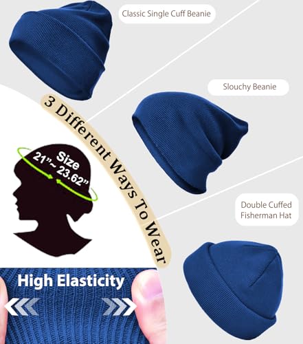 100% Cotton Beanie Hat Winter Hats Women Men Warm Knit Beanies | Double Layer Warmth ,Ultra-Soft Itch-Free Pure Cotton Knitted, Cuffed & Uncuffed Fisherman Slouchy Skull Cap for Womens Mens - color: 1pcs Blue