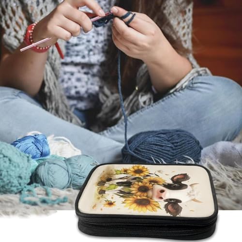 Cartoon Cow Crochet Hook Case Sunflower Portable Knitting Needle Case with Web Pockets Swing Crochet Hooks Accessories Easy to Take - color: Cartoon Cow Sunflower