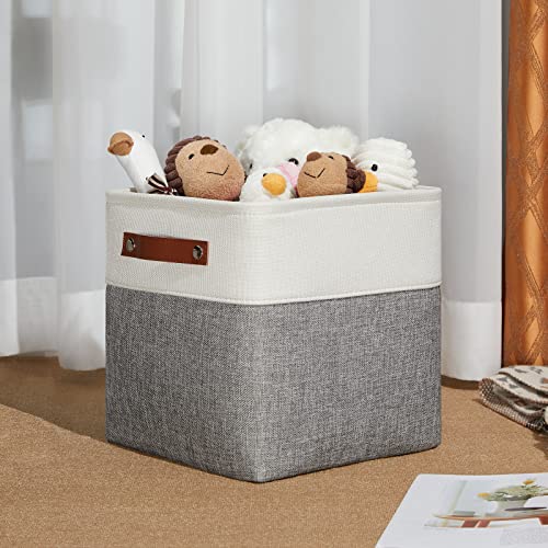 DULLEMELO 11 Inch Cube Storage Bins (Set of 4), Fabric Storage Baskets for Standard Cube Organizers, High-Capacity Collapsible Bins with PU Leather Handles for Closet, Nursery, and Shelves-White&Grey - color: White&Grey, size: S-11"x11"x11"