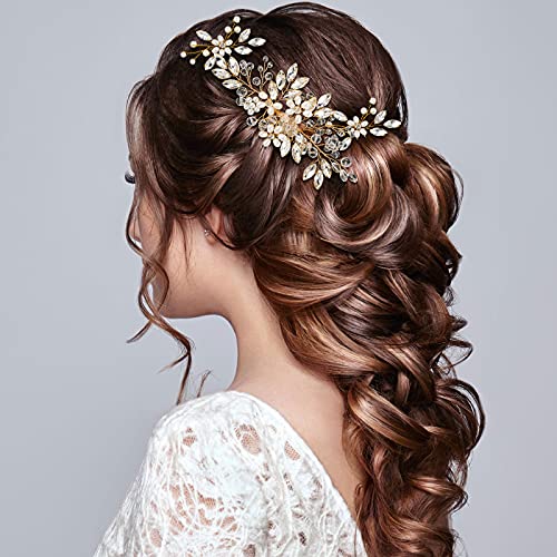 5 Pcs Gold Wedding Hair Comb Pin Crystal Pearl Accent Flower Bridal | Rhinestone Clips for Bride Bridesmaids, Vintage Floral Design with Leaves Pearls, Perfect for Updo Buns Wedding Party - color: Gold