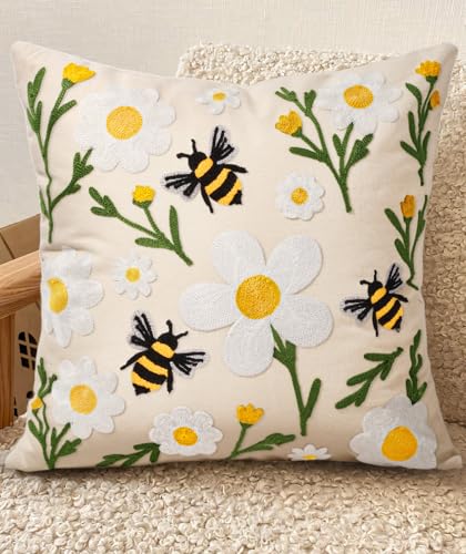 Embroidered Throw Pillow Cover 18x18 Inch, Flower Bee | Decorative Pillow Cover, Floral Farmhouse Cushion Case with Hidden Zipper, Home Decor for Couch, Sofa, Living Room, Bedroom - color: Flower Bee, size: 18" x 18" (Pack of 1)