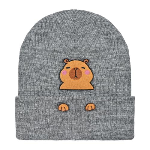 Personality Animal Head Embroidery Knit Beanie Hat for Adult and Big Kids Winter Warm Skull Cuffed Hats - color: Capybara 2-grey